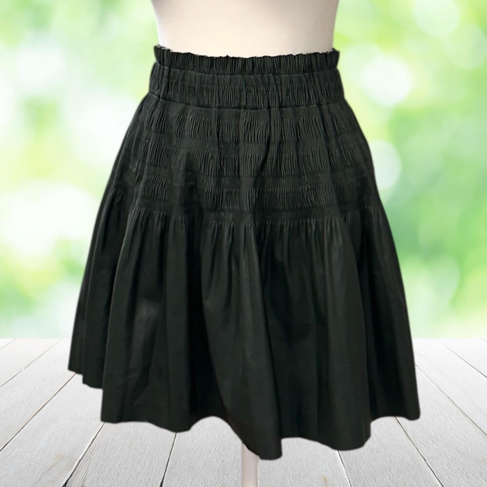 7 FOR ALL MANKIND Faux Leather Skater Skirt Smocked Waist Green Mini Size S